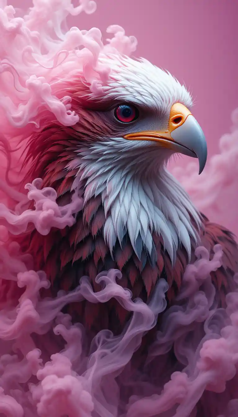 Maestosa testa d’aquila con fumo rosa e viola fluttuante