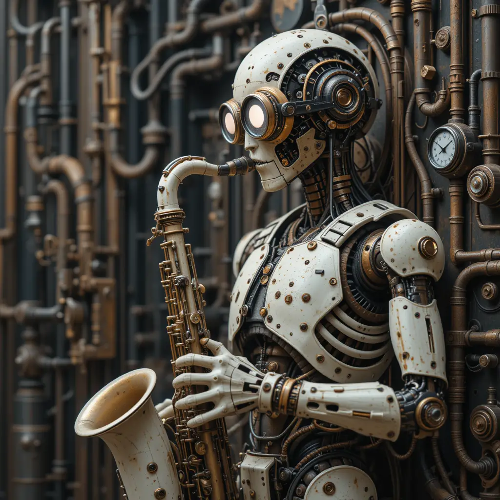 Steampunk-Saxophon-Roboter, der sich auf komplexe Maschine lehnt