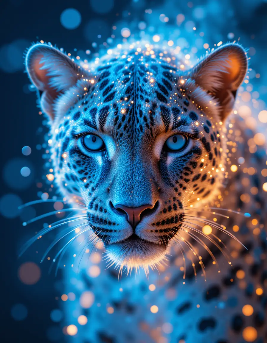 Leopardo che si Dissolve in Nuvole di Particelle Ciano Luminescenti