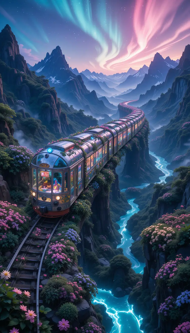 穿梭在發光奇幻景觀中的超現實花卉列車