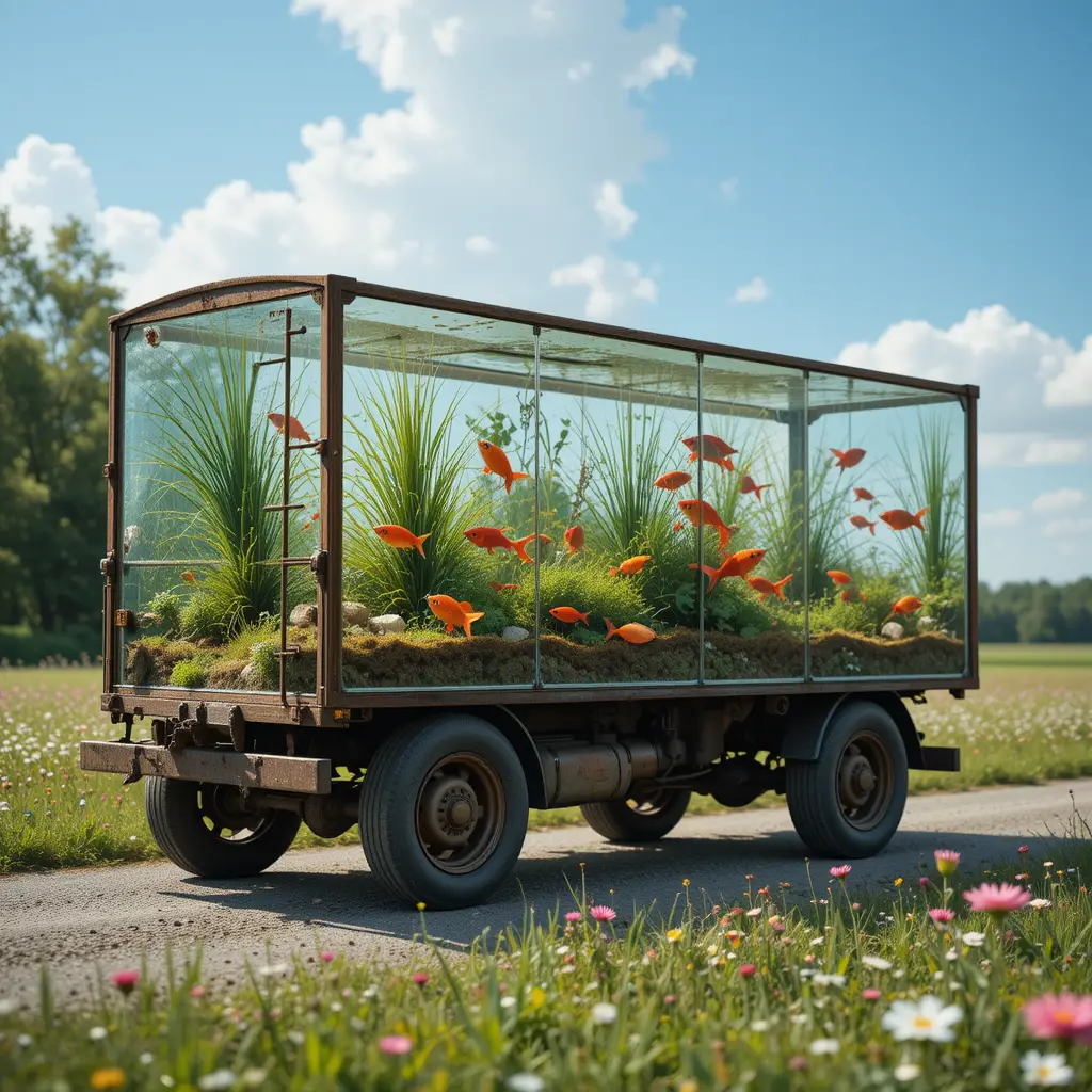 Surrealer Glas-Truck-Aquarium auf einer blühenden Landstraße