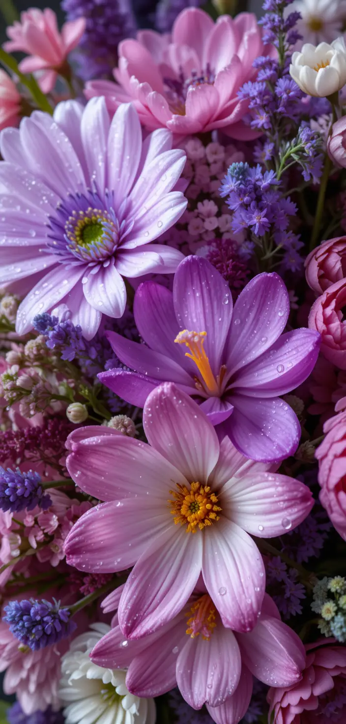 Close up bouquet of wildflowers with dewdrops on petals