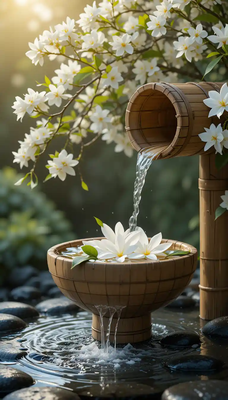 Bamboo water feature with jasmine and floating flowers