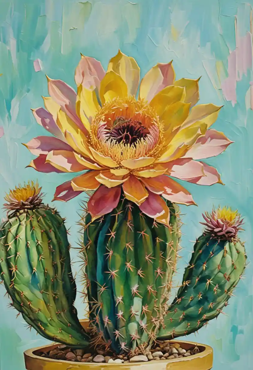 Cactus colorato con un unico fiore gigante in piena fioritura