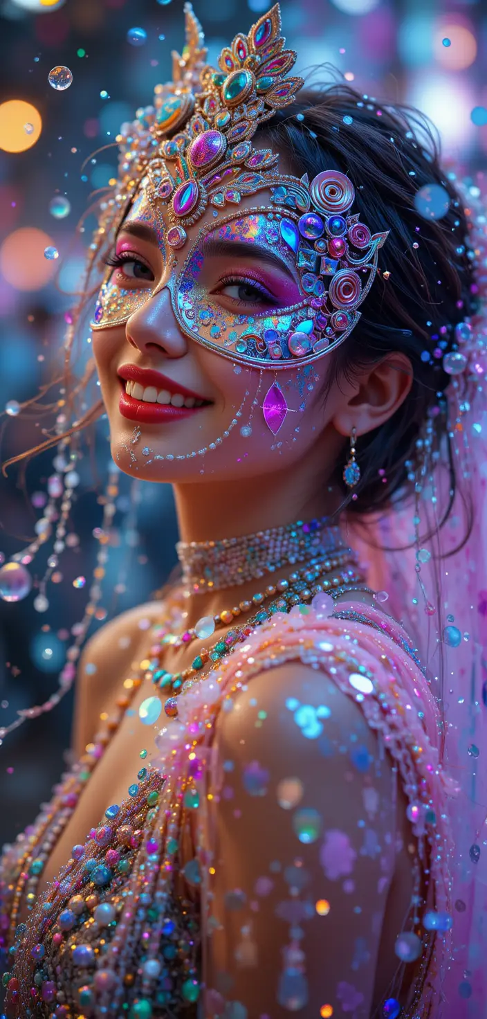 Joyful girl in vibrant festival mask with floating droplets