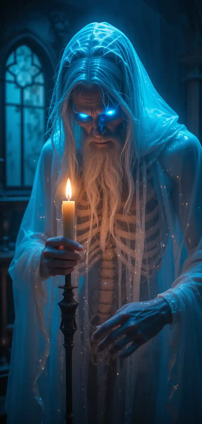 Ghostly old man holding candlelight in haunted house