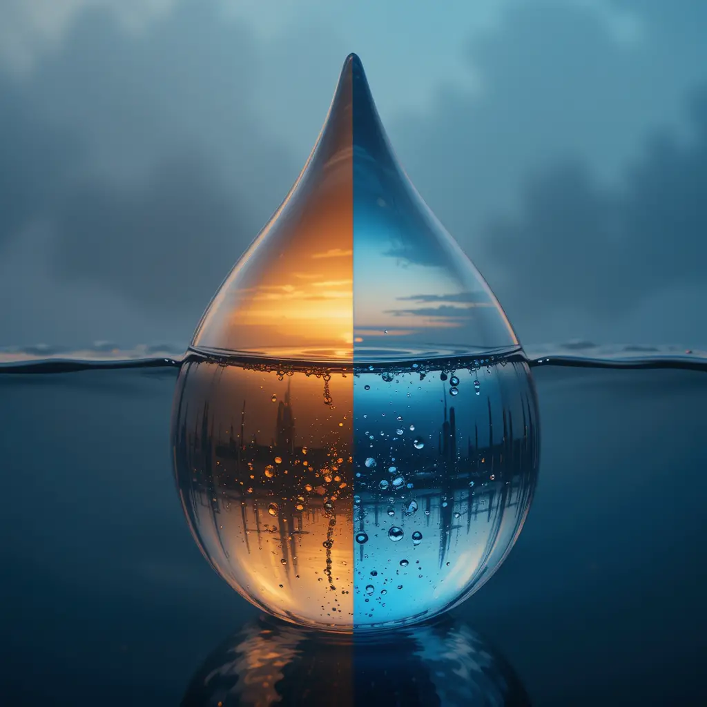 Goutte d’eau bicolore brillant sous une lumière chaude et froide