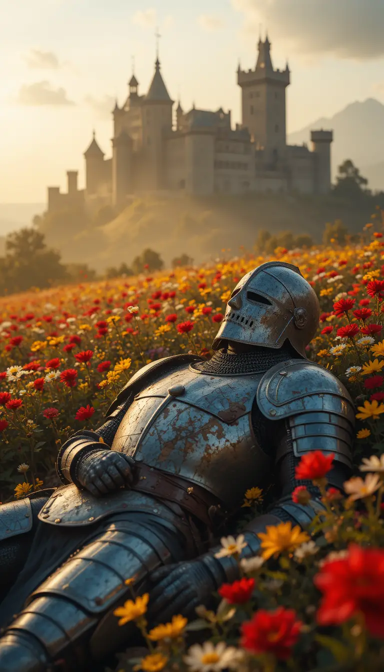Chevalier médiéval se reposant dans un champ de fleurs baigné de soleil
