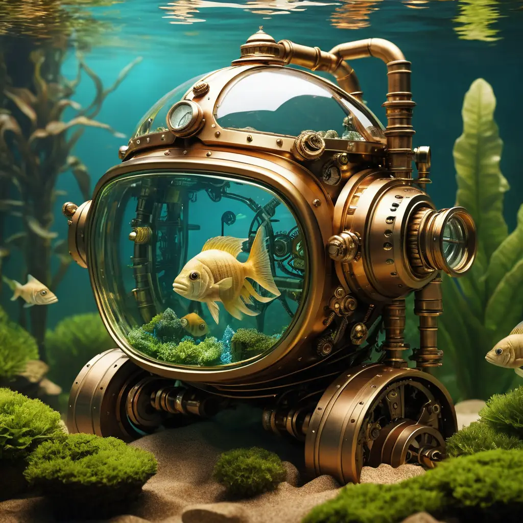 Robô steampunk com capacete-aquário e peixe-dourado dentro