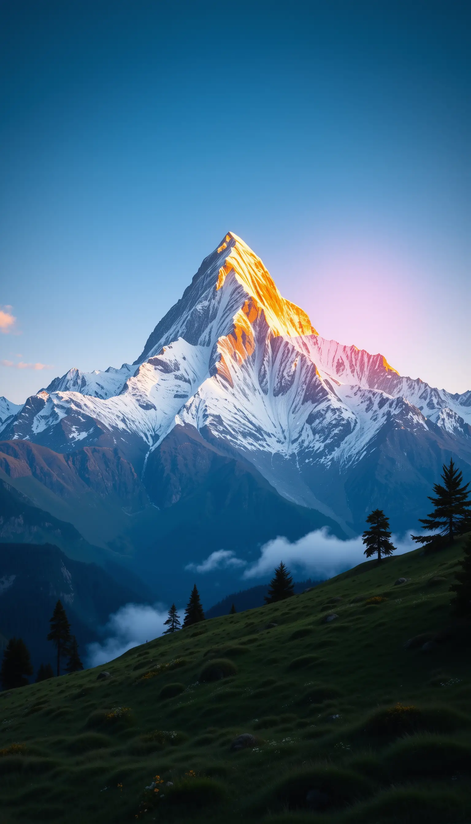 Sonnenaufgangslicht auf schneebedecktem Berg über grünem Tal