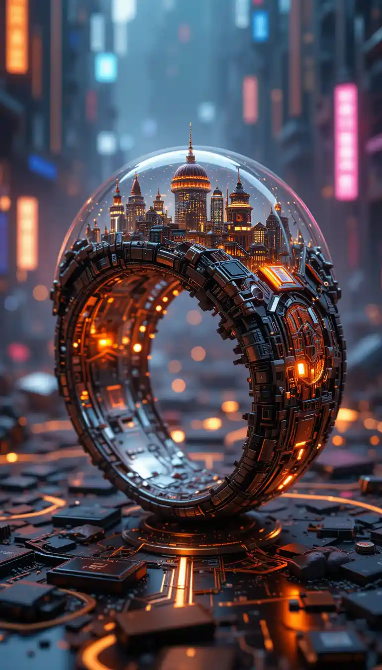 Intricate sci fi resin ring with glowing city inside