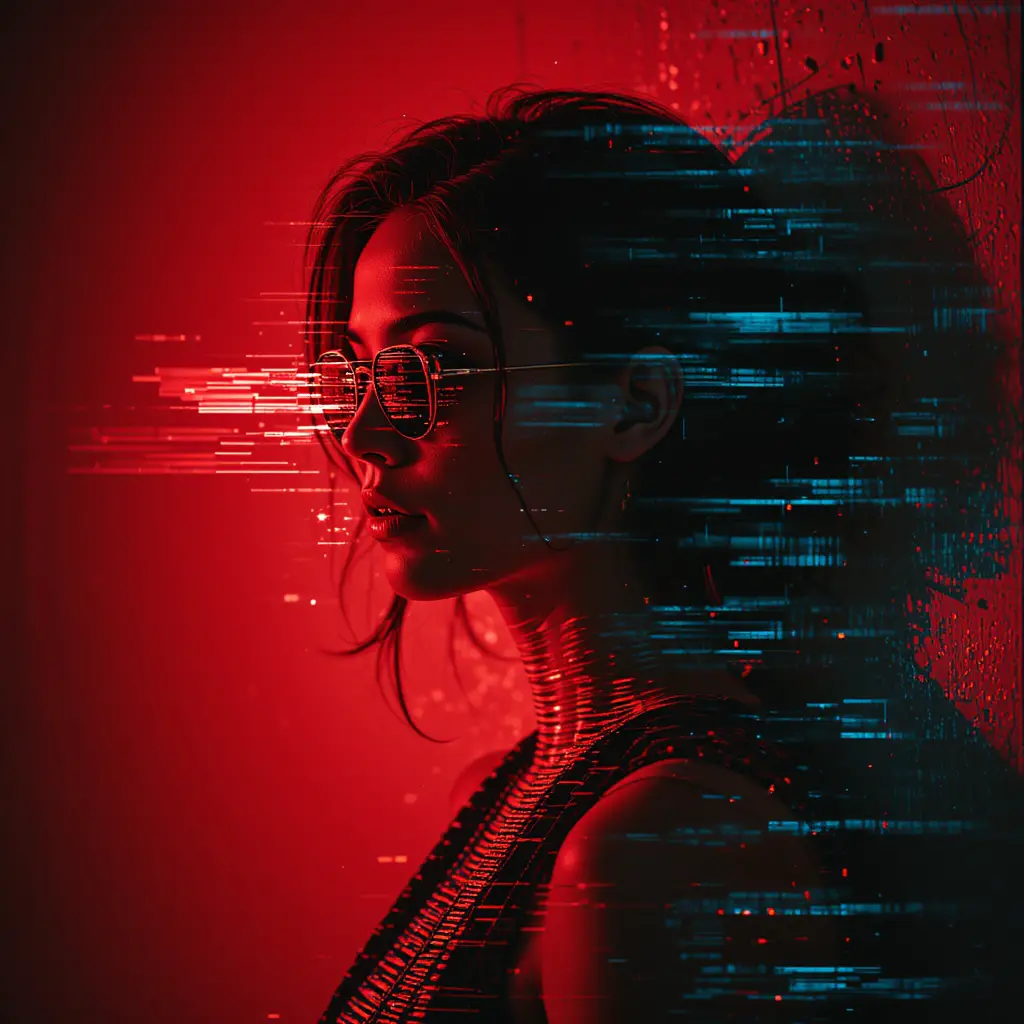 Frau mit rotem Auge und Sonnenbrille vor roter Glitch-Wand