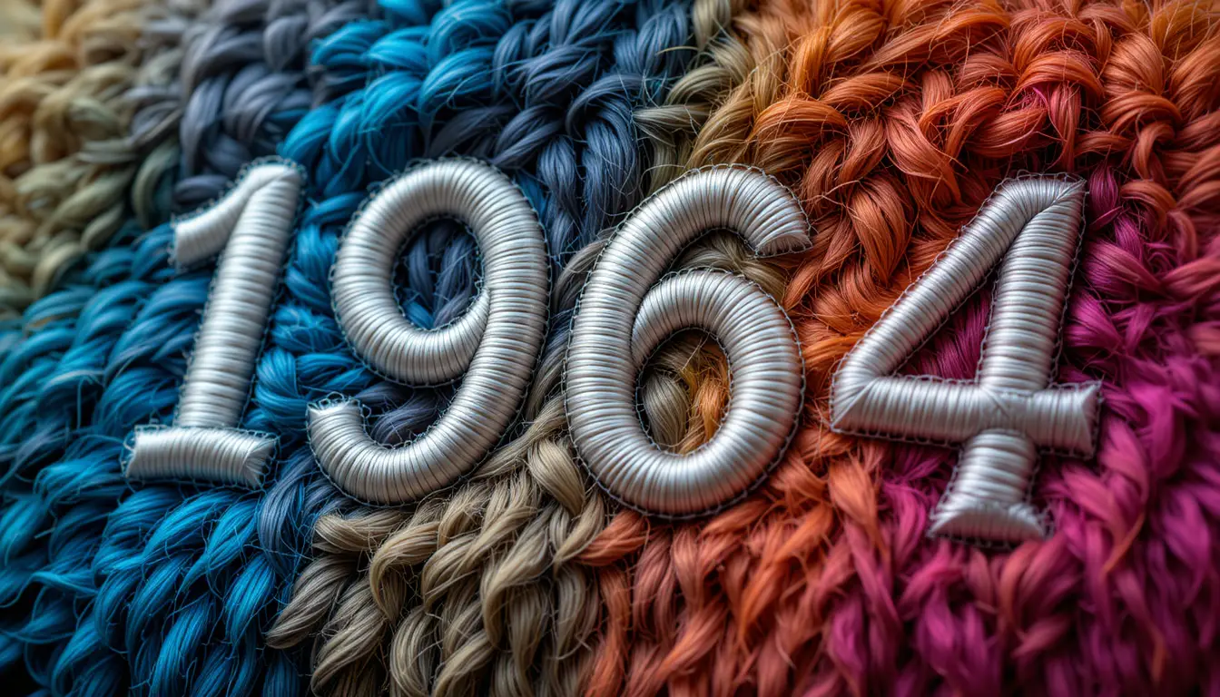 Gesticktes „1964“-Textlogo auf buntem Fellhintergrund