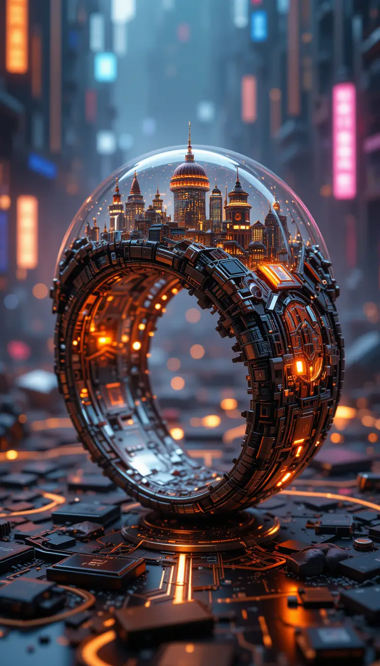 Aufwendiger Sci-Fi-Harzring mit leuchtender Stadt im Inneren