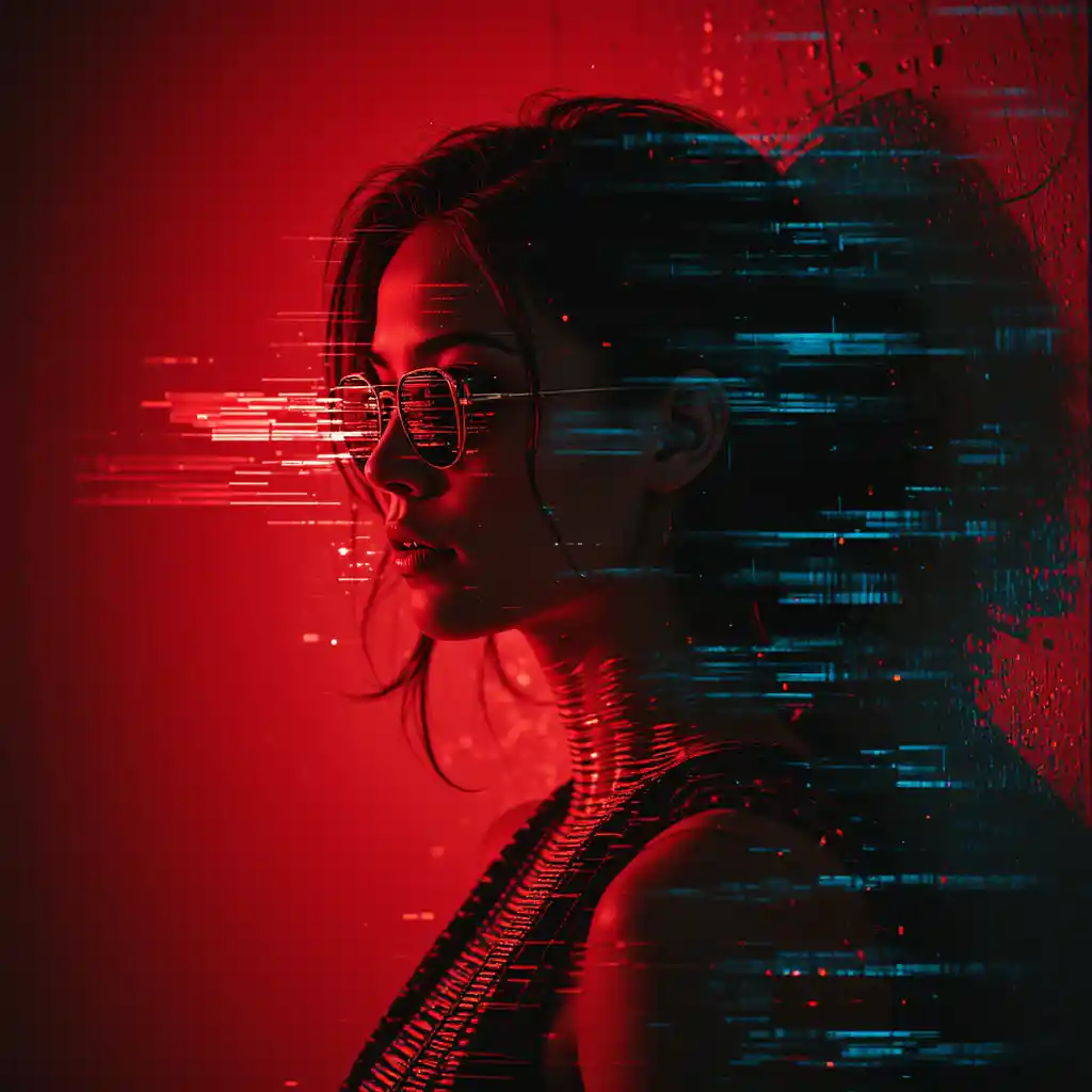 Woman with red eye and sunglasses against red glitch wall