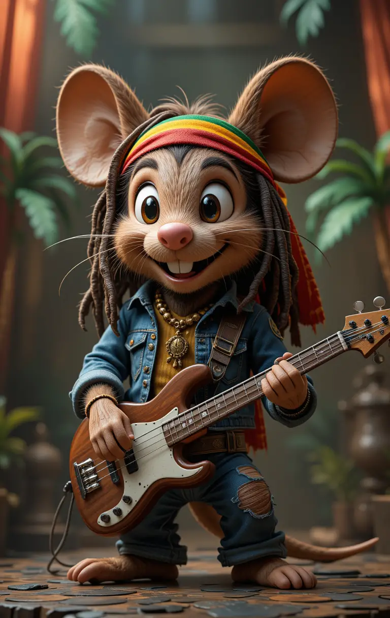 Cartoon-Maus als Bassist auf neonbeleuchteter Reggae-Konzertbühne