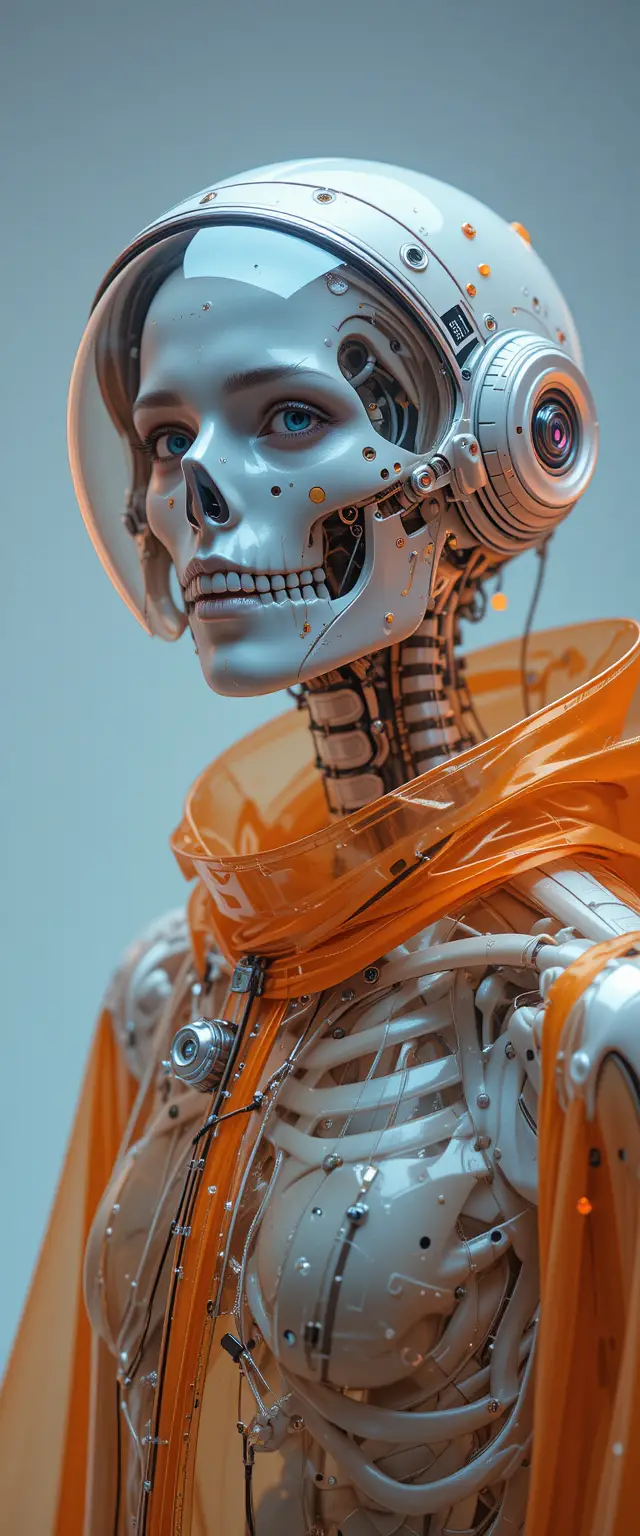 Cyborg-Skelett-Astronautenporträt im weißen Studio