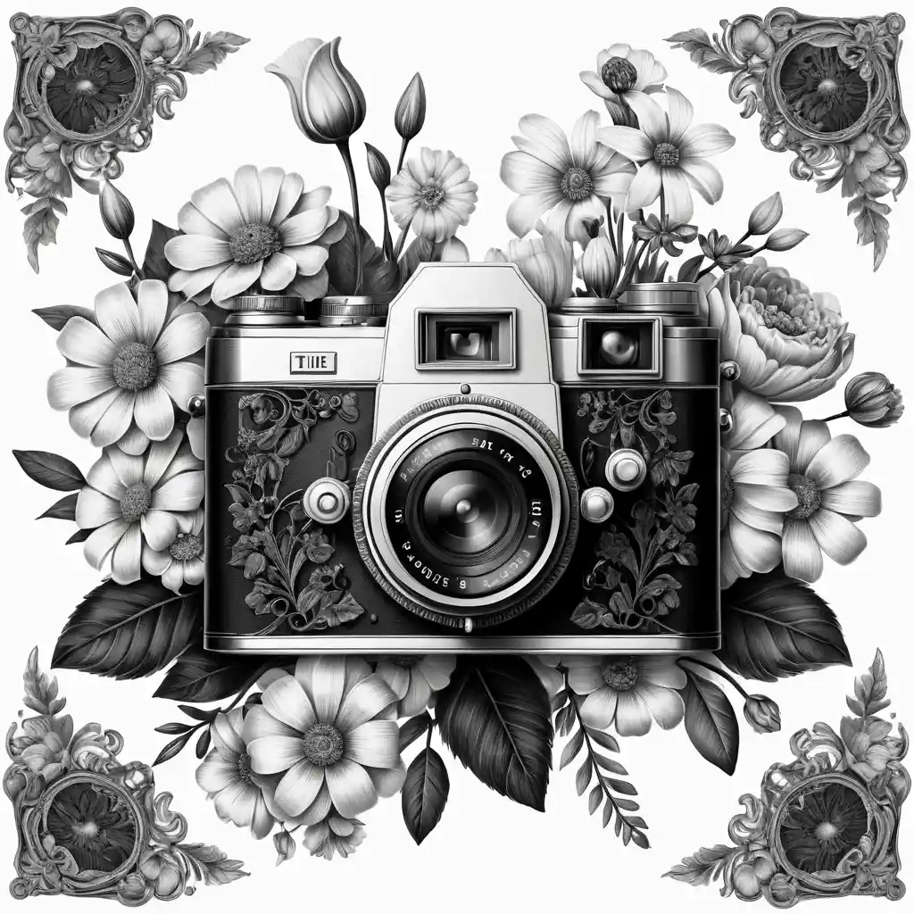 Vintage camera with ornate floral illustration in black and white