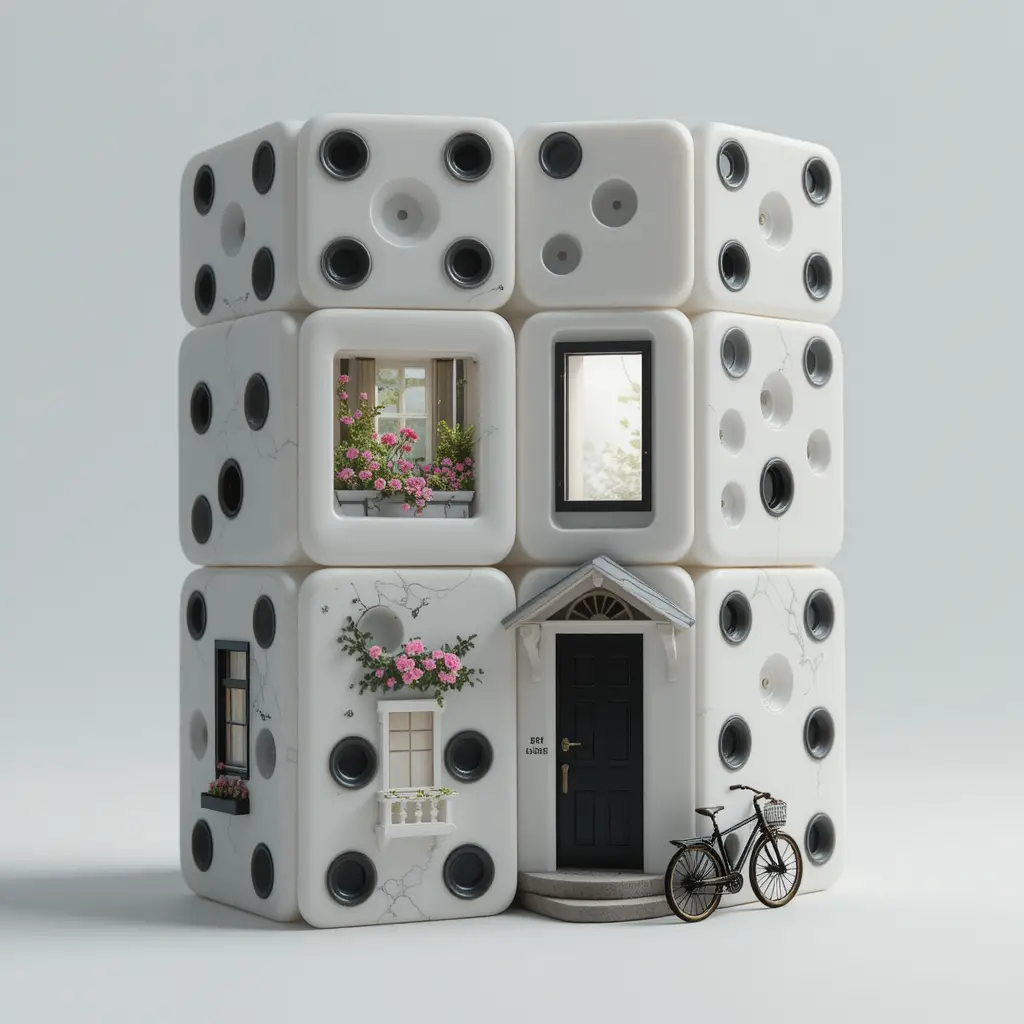 Miniatur-Würfelapartment mit leuchtendem Fenster und Fahrrad