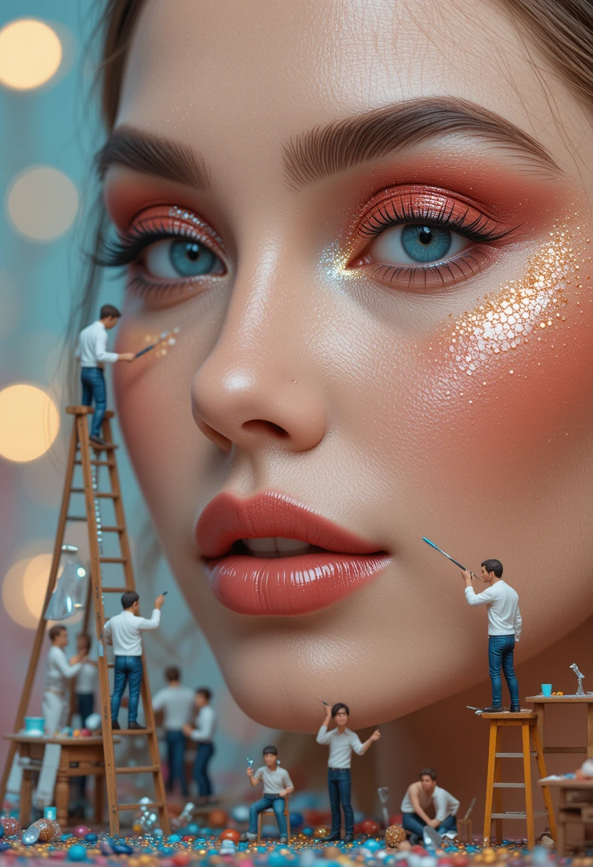 Retrato de mujer gigante con diminutos artistas pintando su rostro