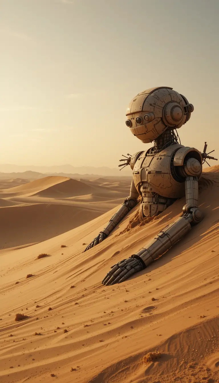 Géant robot de pierre à moitié enfoui dans le désert au coucher du soleil