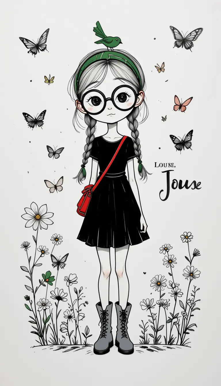 Ragazzina fantasiosa in stile doodle con trecce e uccellino