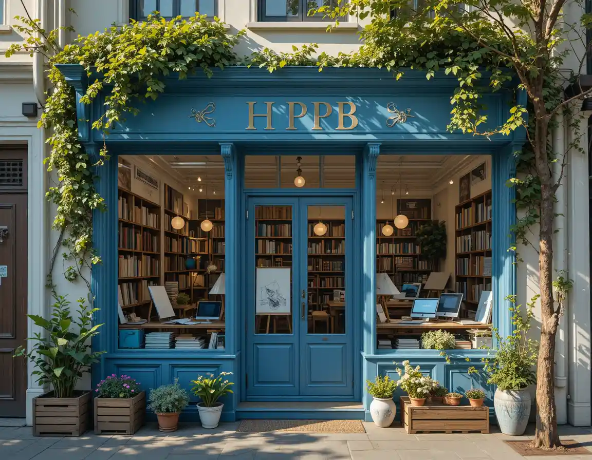 Elegant blue architectural studio storefront on sunlit street