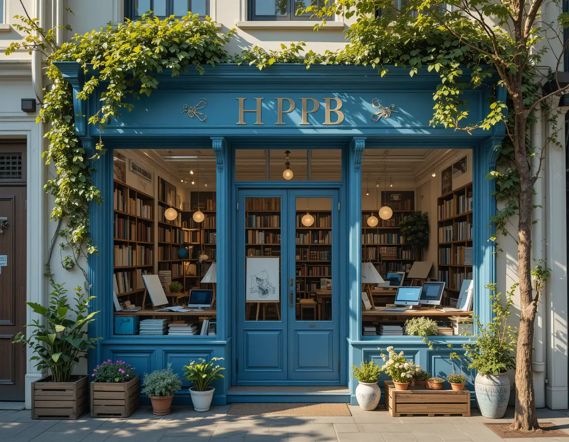 Elegante blaue Schaufensterfront eines Architekturbüros in sonniger Straße