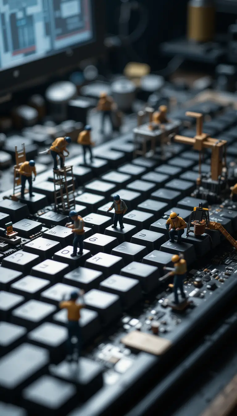 Trabalhadores em miniatura fazendo manutenção em um teclado de computador gigante