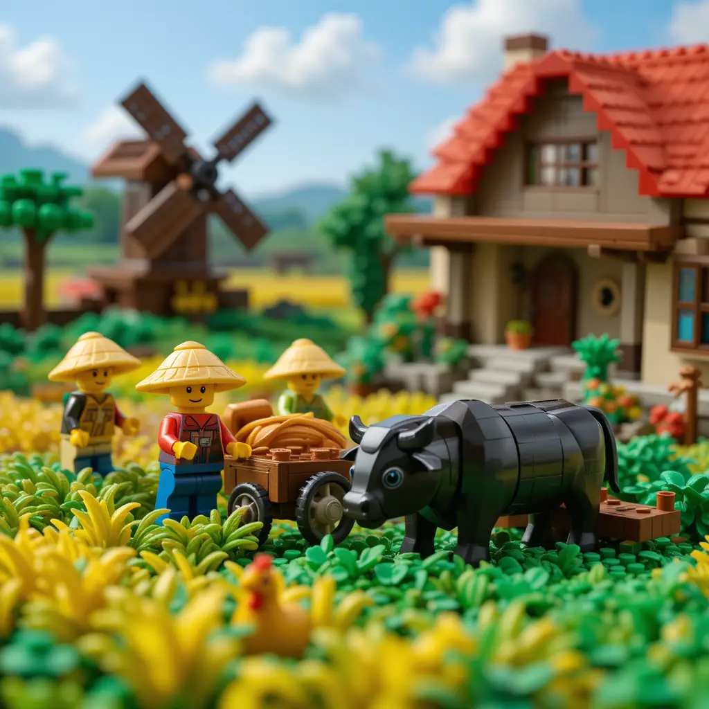 Colorida fazenda de campo de Lego com fazendeiros e animais