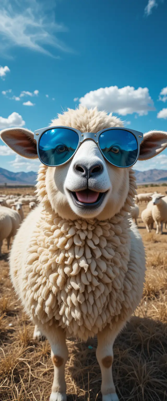 Lächelndes Schaf mit blauer Sonnenbrille auf sonniger Wiese auf dem Land