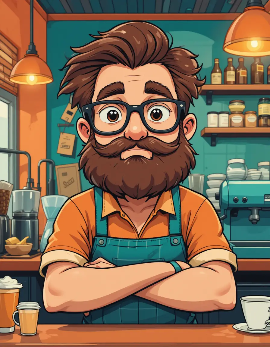 Cartoon-Barista in einem farbenfrohen türkis-orangen Café