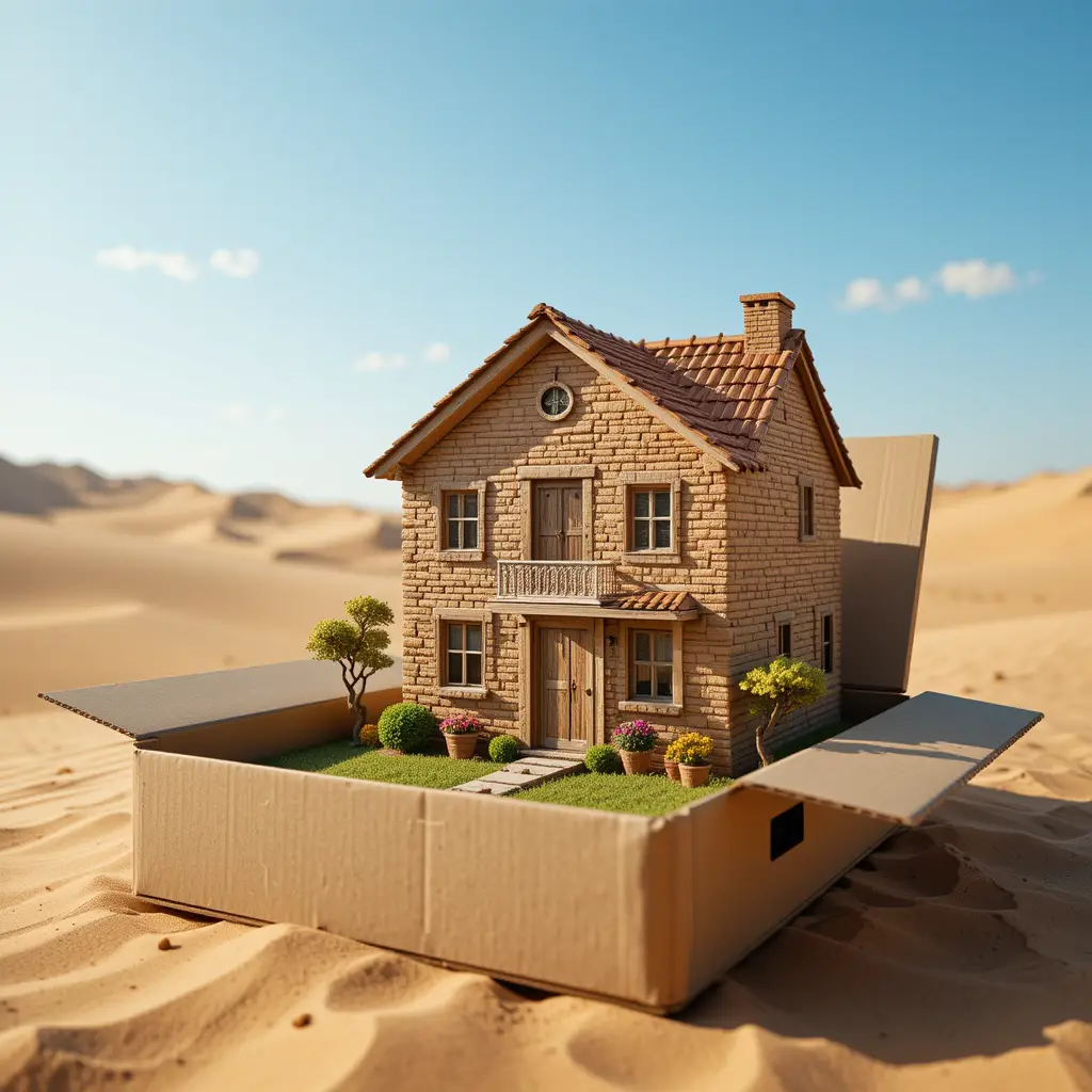 Maison en briques miniature dans un désert en boîte en carton