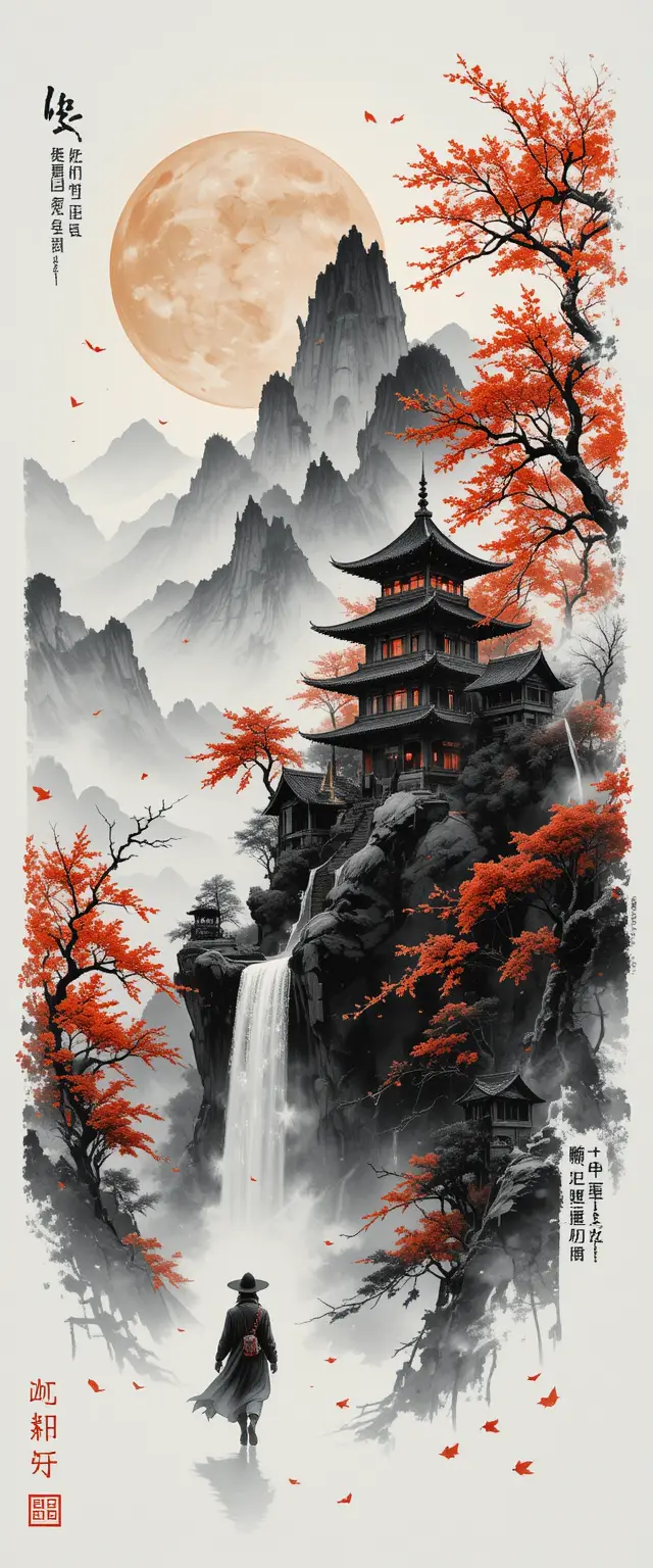 Surrealer Tempel und Berglandschaft in Tuschemalerei