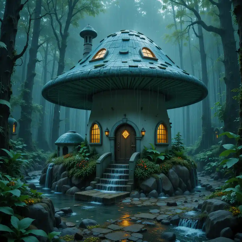 Casa a forma di fungo in una foresta magica piovosa