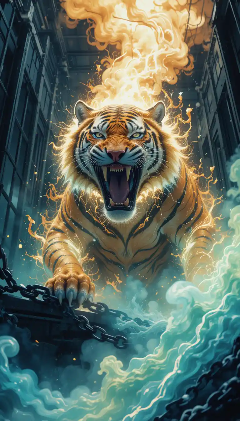 Tigre feroz encadenado brillando dentro de una jaula de acero