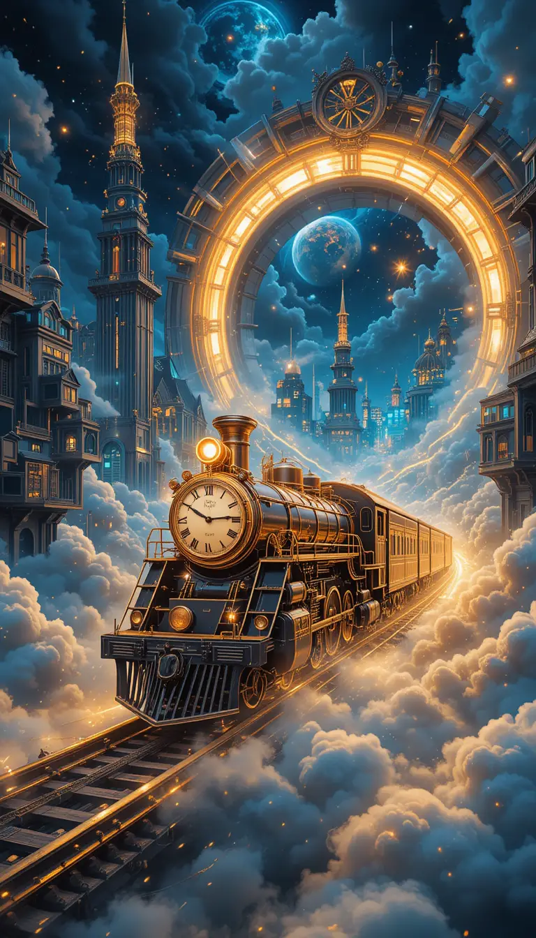 Treno anime surreale che entra in una città notturna fluttuante