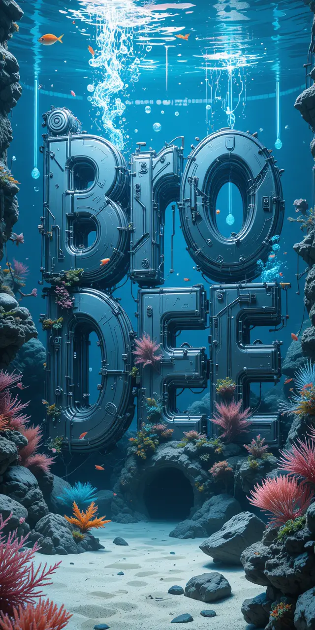 Futuristic Mechanical Letters Inside A Glowing Aquarium