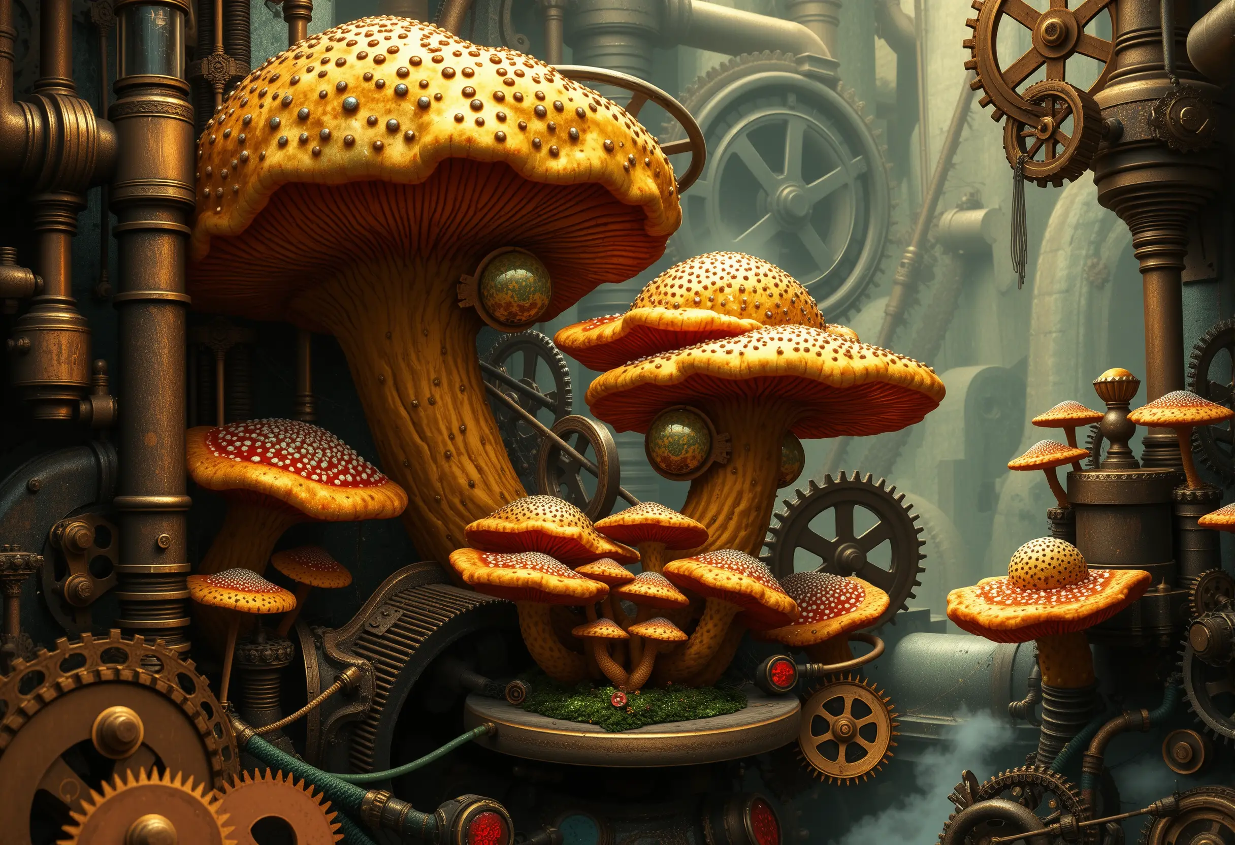 Steampunk-Reich aus Rohren, Zahnrädern und fantastischen Pilzen