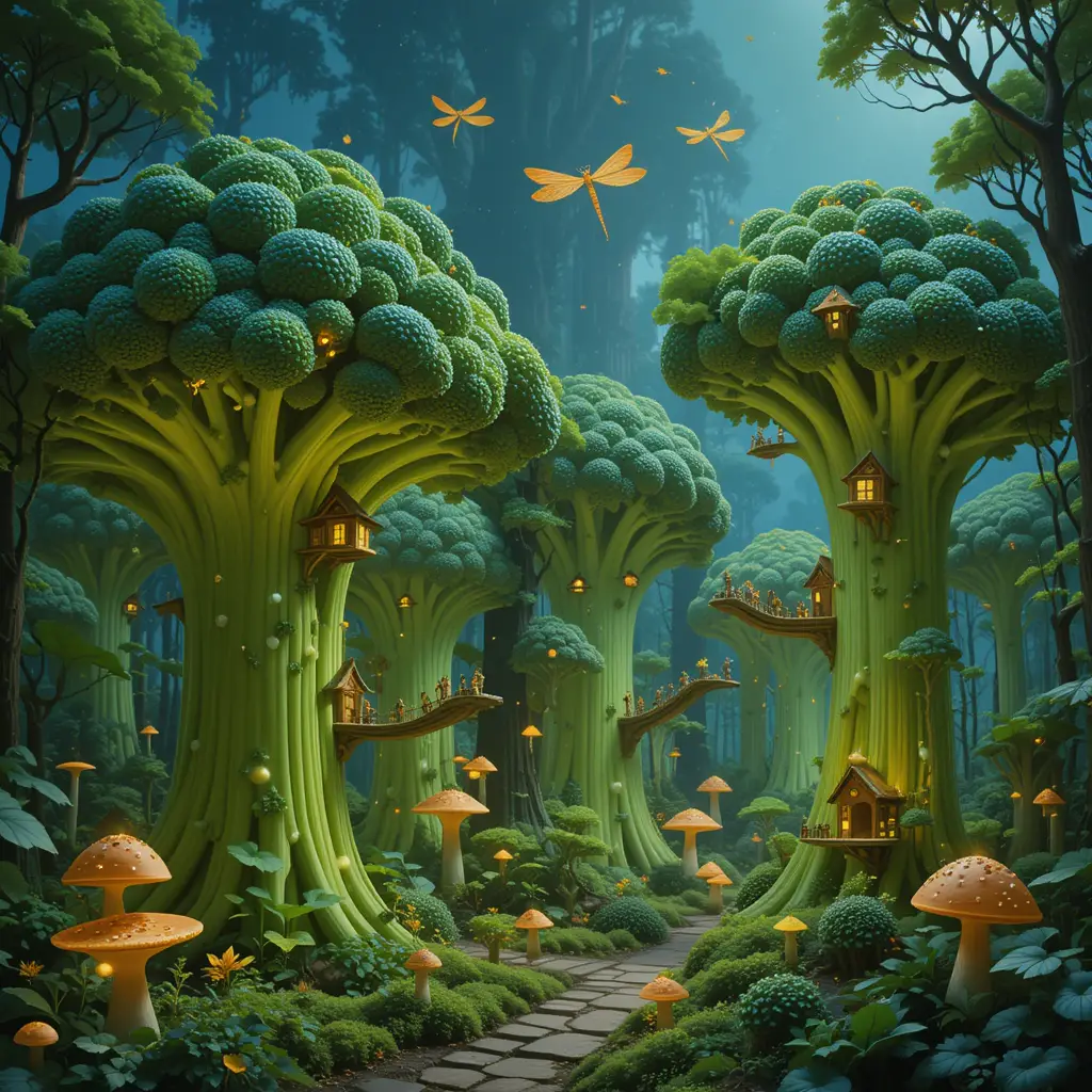 Foresta magica di giganteschi alberi di broccoli con minuscoli lavoratori