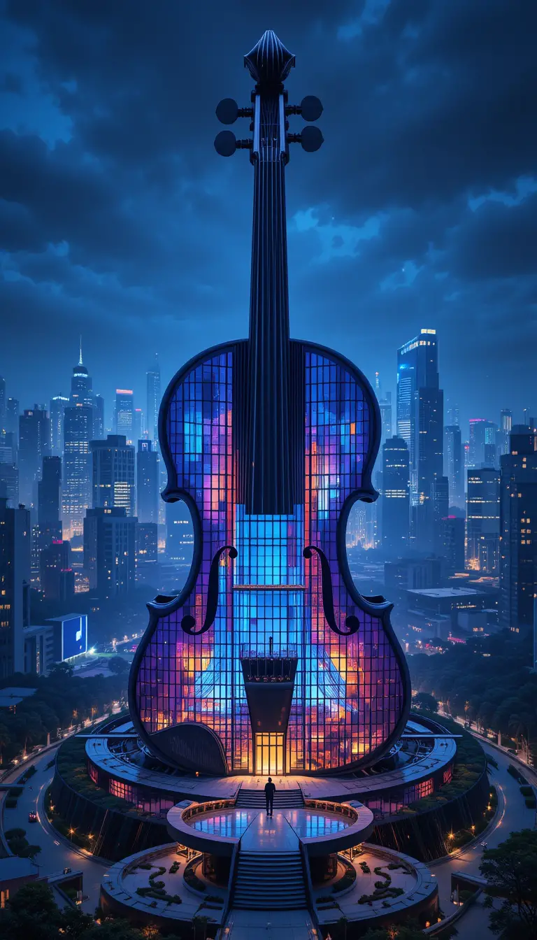 Torre futuristica ispirata a un violino sopra lo skyline notturno della città