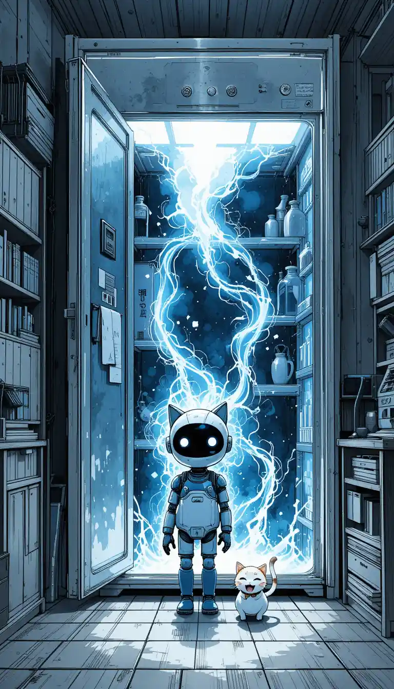 Cute robot before a glowing portal refrigerator doorway