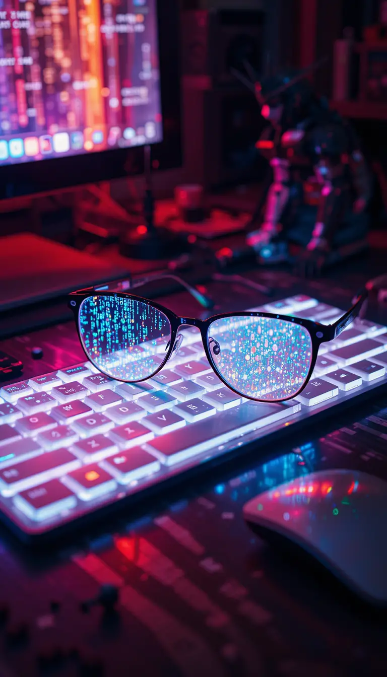Óculos nerd na mesa com reflexos binários em sala escura