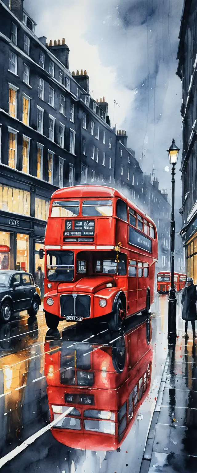 Bus londonien en aquarelle sur une rue mouillée la nuit