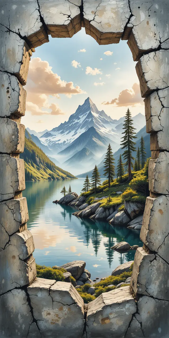 Vista ad acquerello attraverso un muro rotto su un lago alpino