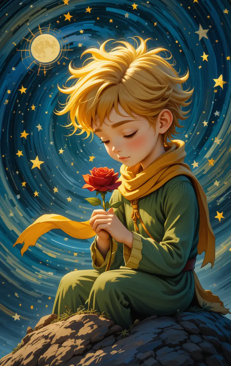 Junge, der sich auf einem winzigen Asteroiden unter Sternen um eine rote Rose kümmert
