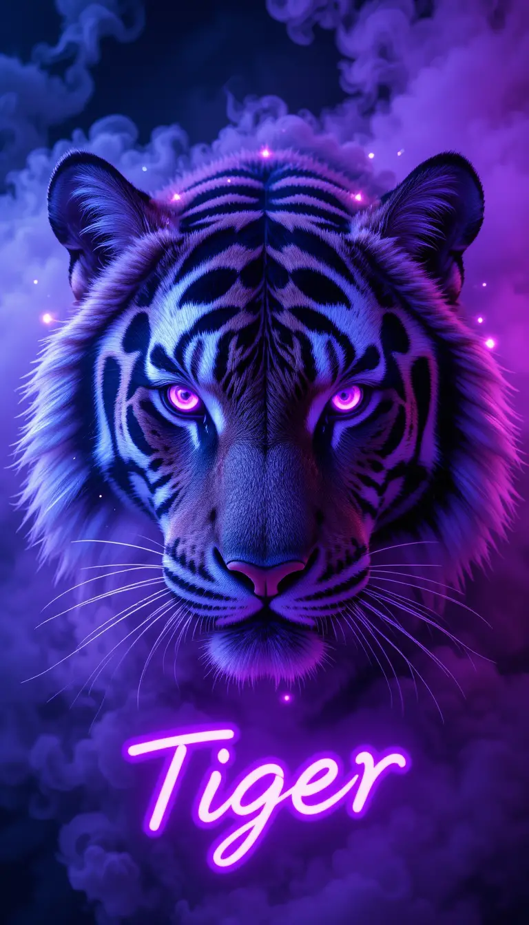 Tête de tigre violette lumineuse avec fumée et lumières néon