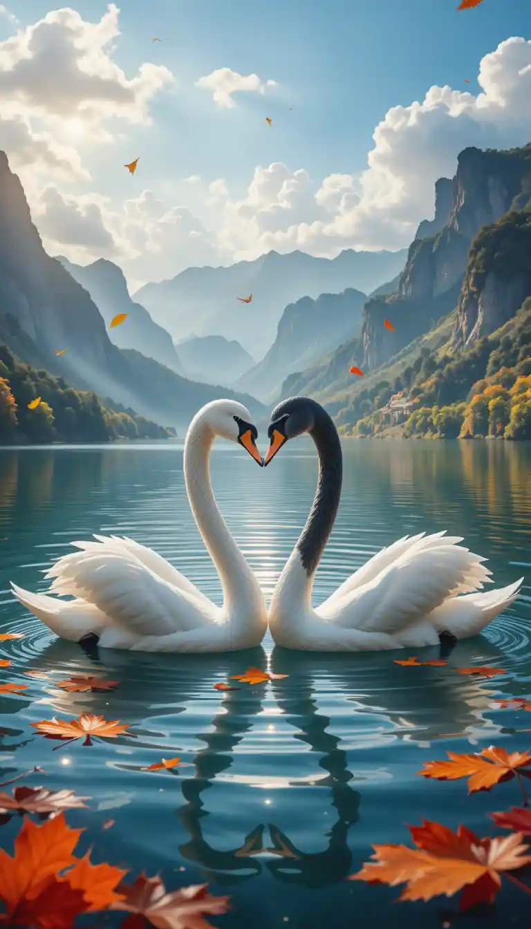Romantic Swans Forming A Heart On Mountain Lake