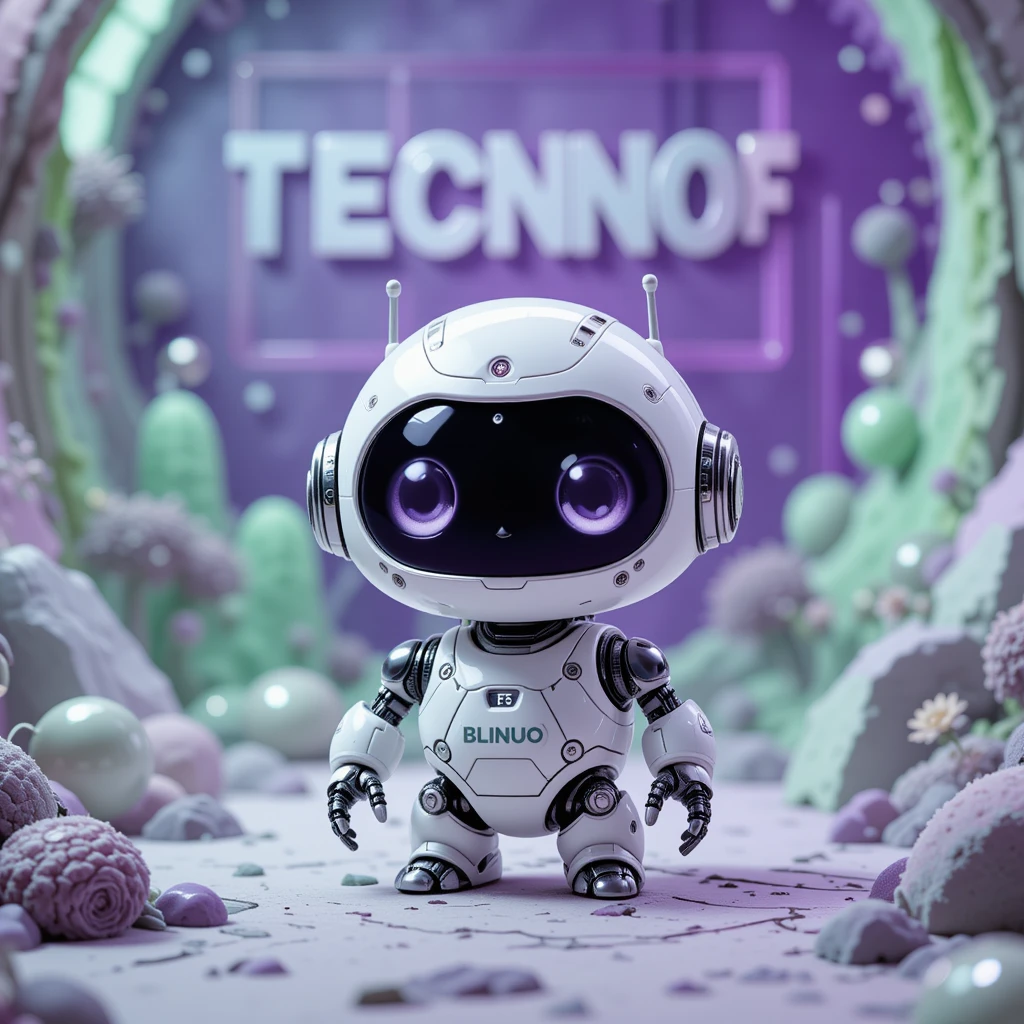 Fofo robô branco em um mundo roxo futurista de fantasia