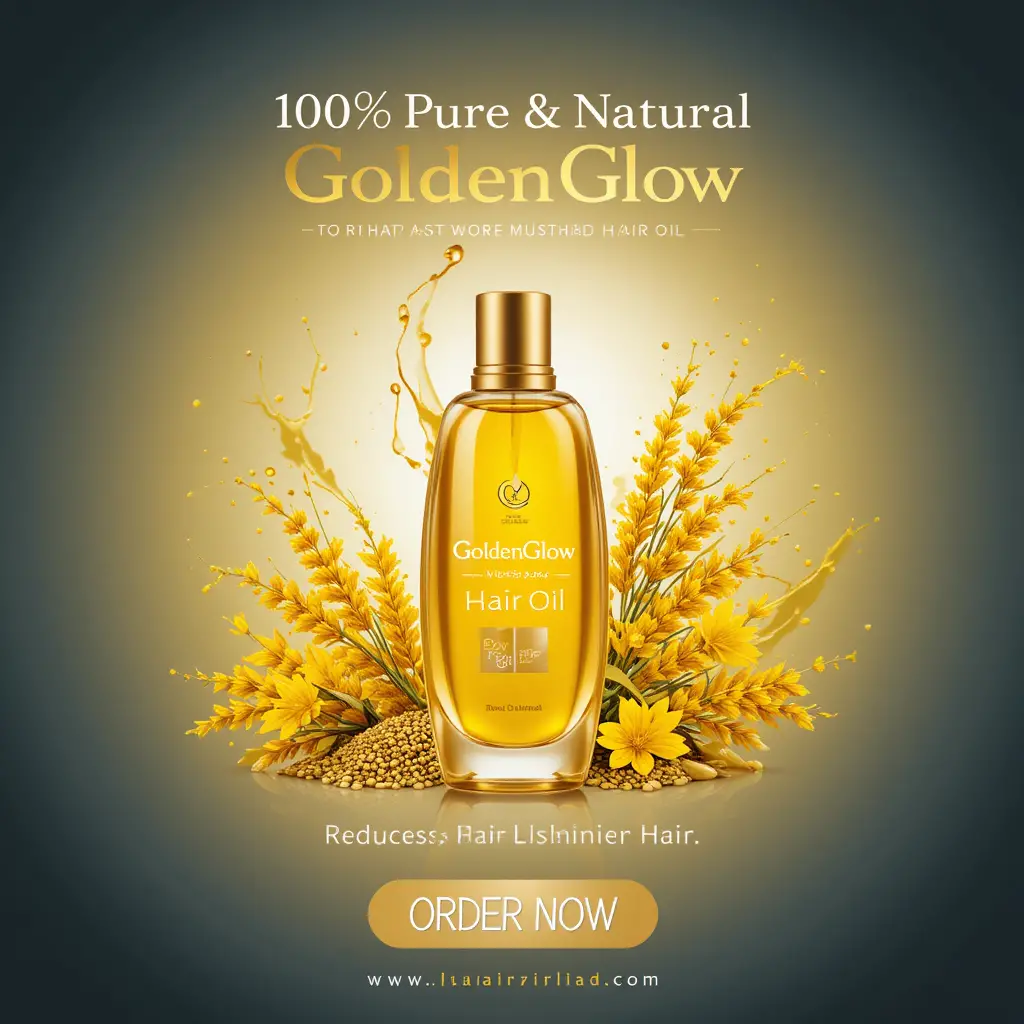 Goldene Senf-Haarölflasche vor leuchtendem Farbverlaufshintergrund